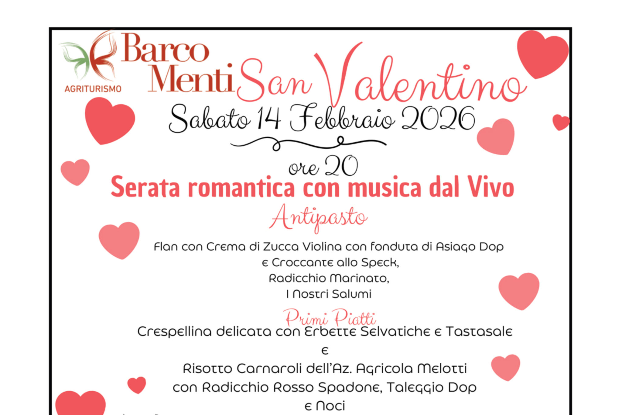 San Valentino 2026 all'Agriturismo Barco Menti: cena romantica con musica dal vivo