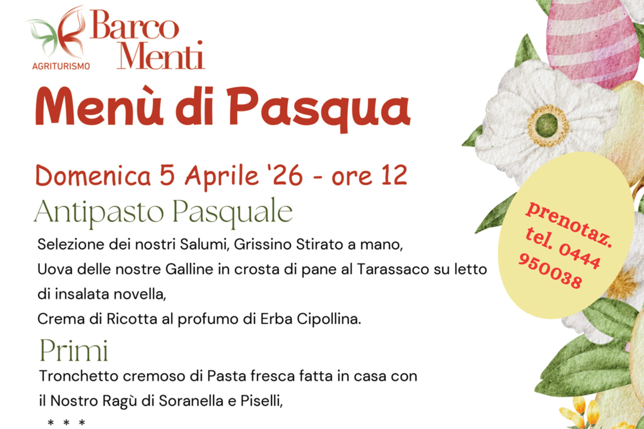 Pranzo di Pasqua 2026 all'Agriturismo Barco Menti: tradizione e sapori veneti a Monteviale